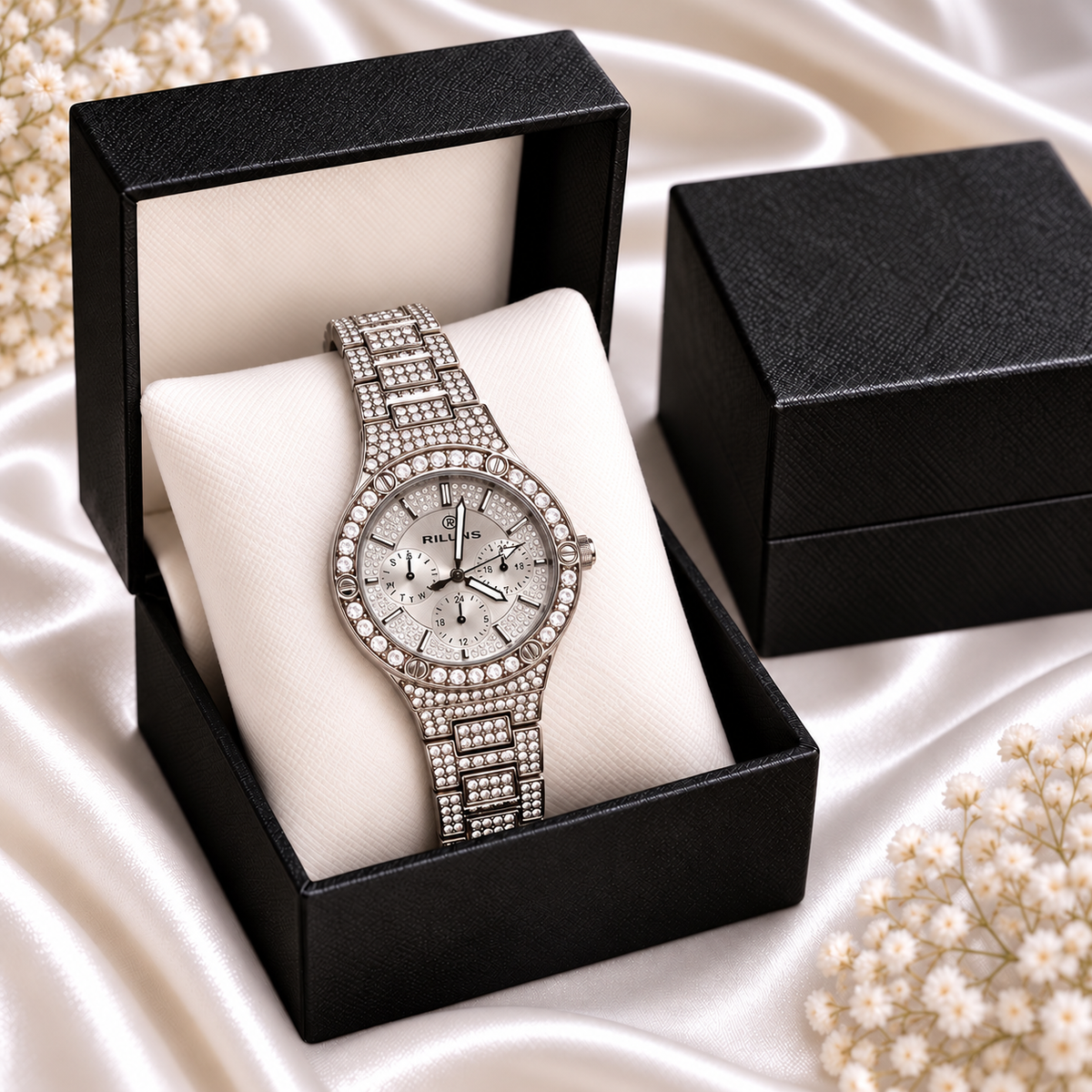 RILUNS Black Crystal Chronograph-Style Watch