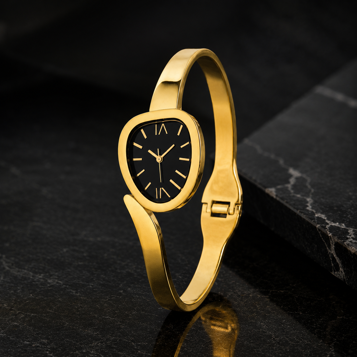 Golden Black Dial Bangle Watch