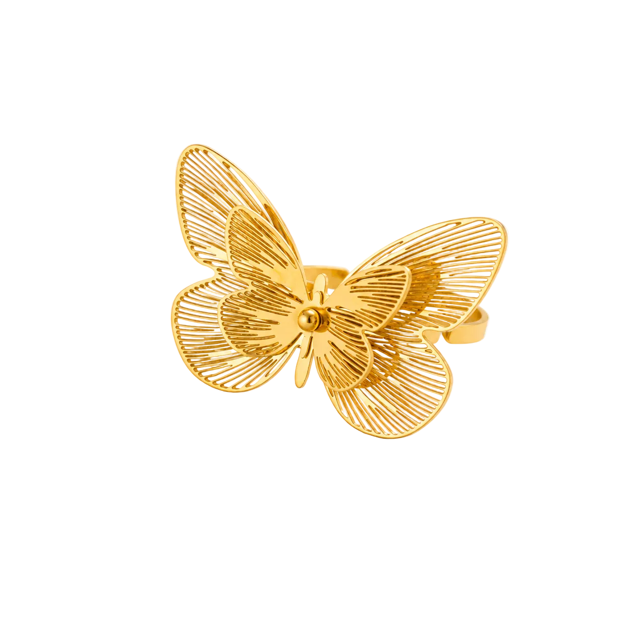 A gold butterfly-shaped ring with an open, wireframe design, displayed on a clean white background with decorative white baby's breath flowers in the corners.
