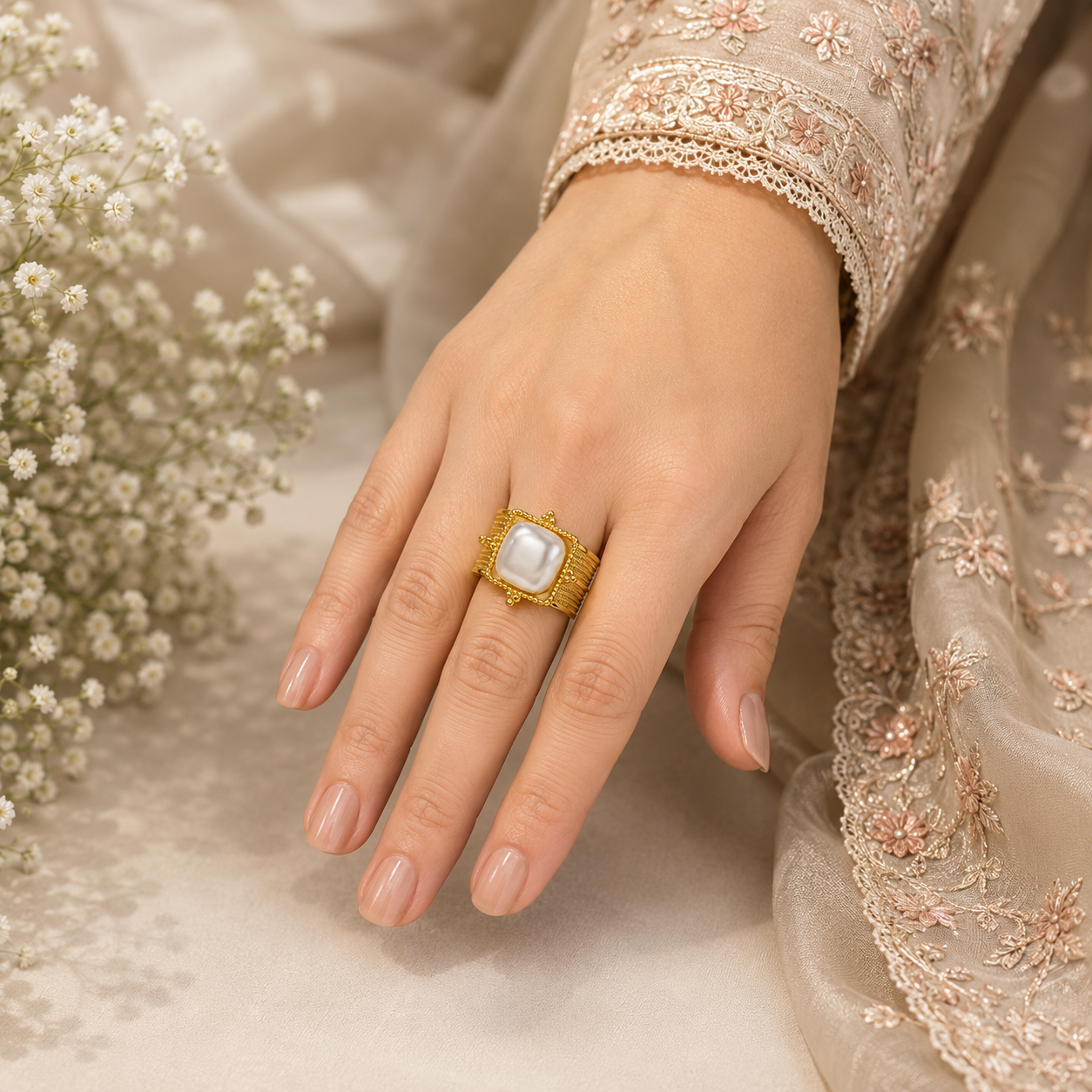 Square Pearl Adjustable Ring