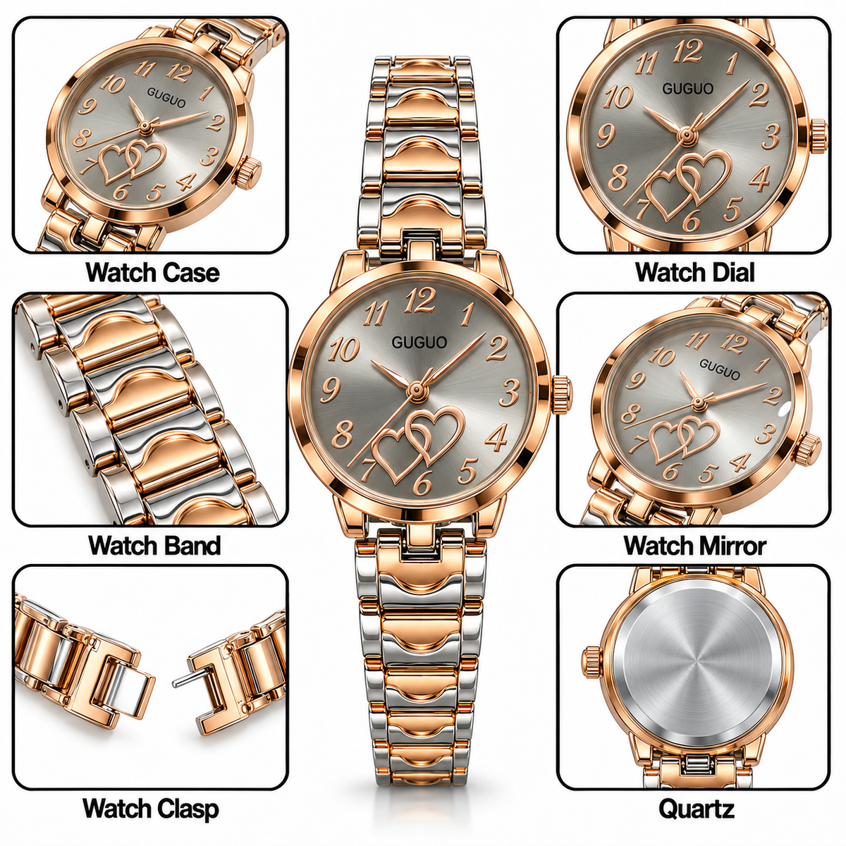 GUGUO Double Heart Two-Tone Watch