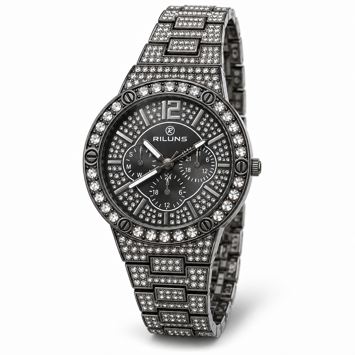 RILUNS Black Crystal Chronograph-Style Watch