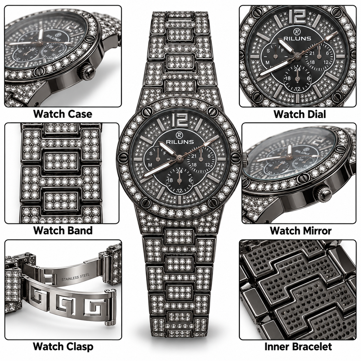 RILUNS Black Crystal Chronograph-Style Watch