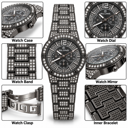 RILUNS Black Crystal Chronograph-Style Watch