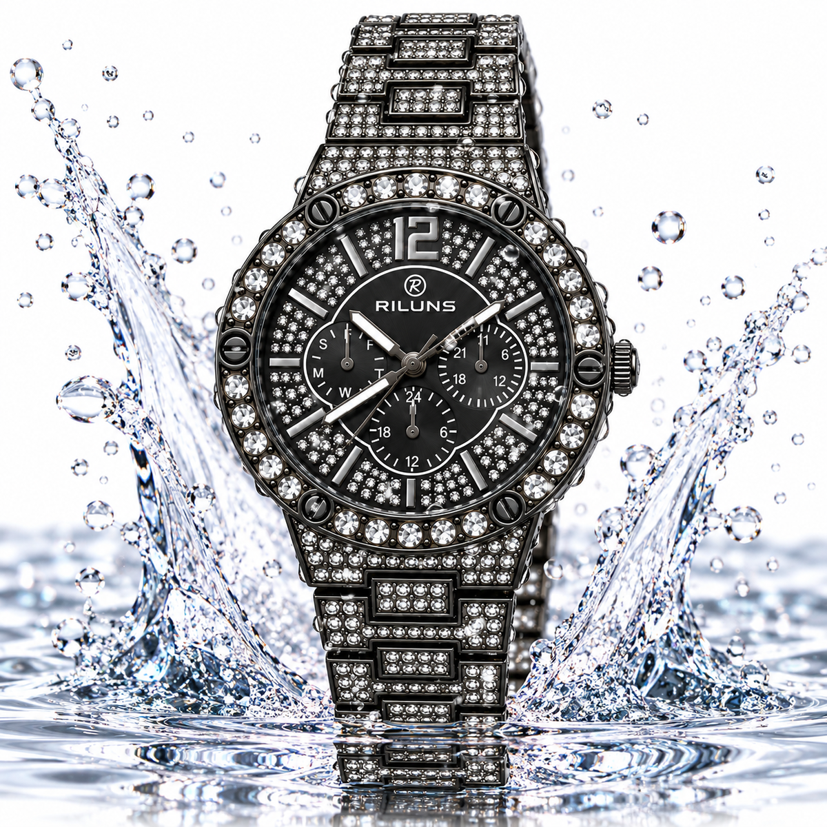 RILUNS Black Crystal Chronograph-Style Watch