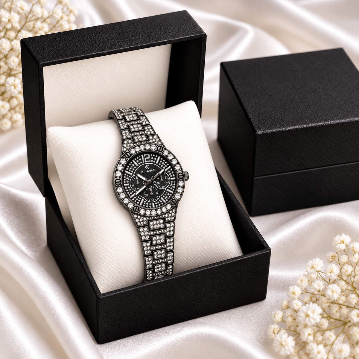RILUNS Black Crystal Chronograph-Style Watch