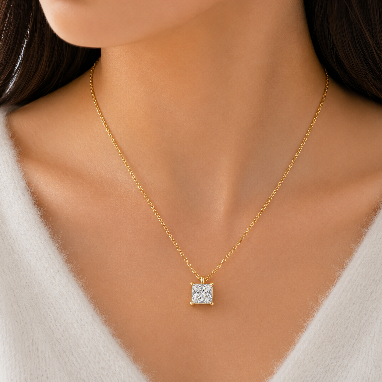 Square Cubic Zirconia Solitaire Necklace