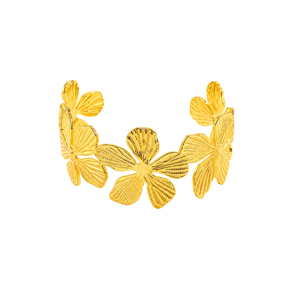 Gold floral earrings on a white background with small flowers.