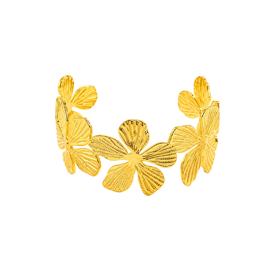 Gold floral earrings on a white background with small flowers.
