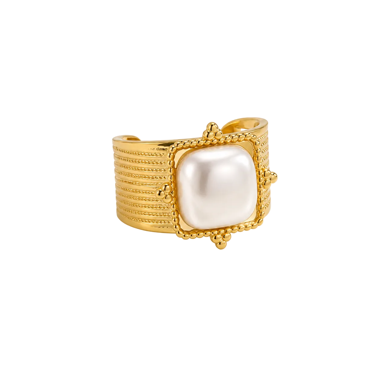 A gold-toned wide cuff ring featuring a large, square, lustrous white pearl centerpiece, styled with delicate white baby's breath flowers in the corners on a white background.