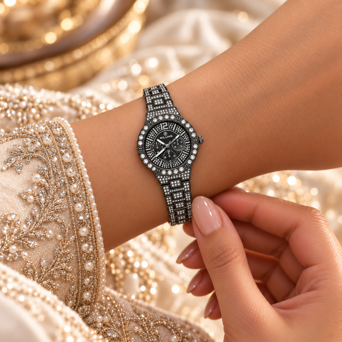 RILUNS Black Crystal Chronograph-Style Watch