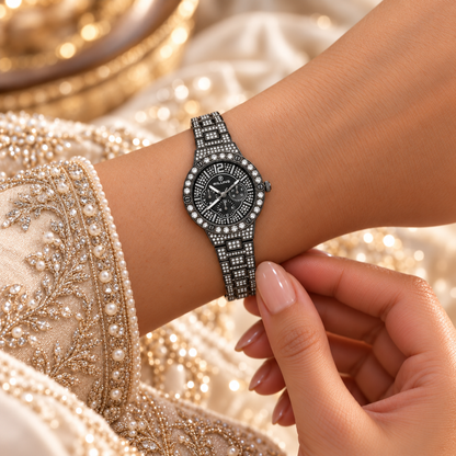 RILUNS Black Crystal Chronograph-Style Watch