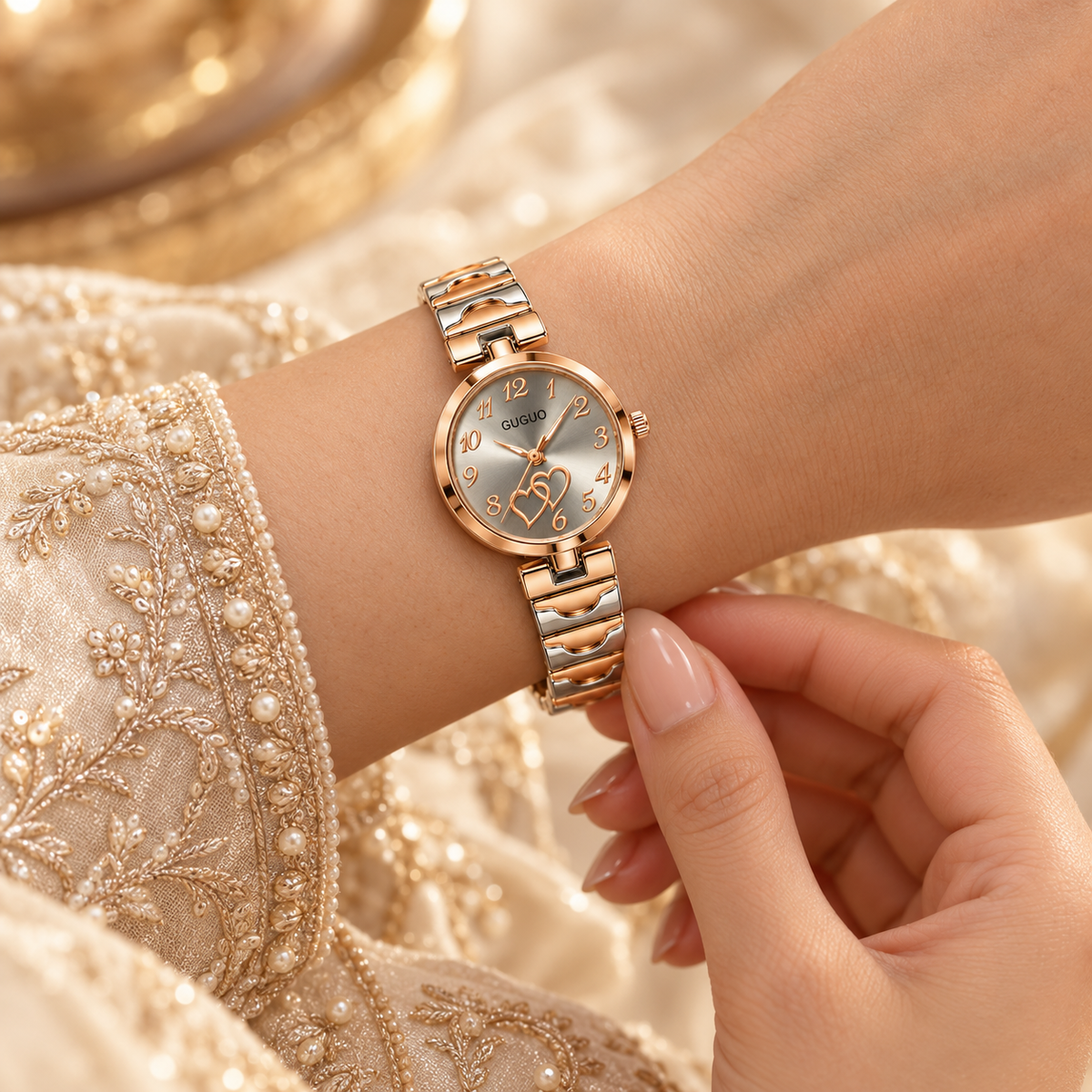 GUGUO Double Heart Two-Tone Watch
